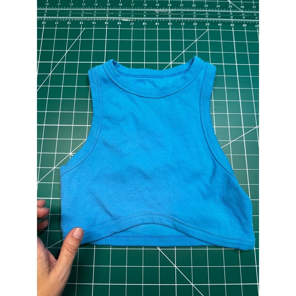 ABARDSION Womens Bright Blue Ribbed Knit Racerback Crop Top Arched Hem Small